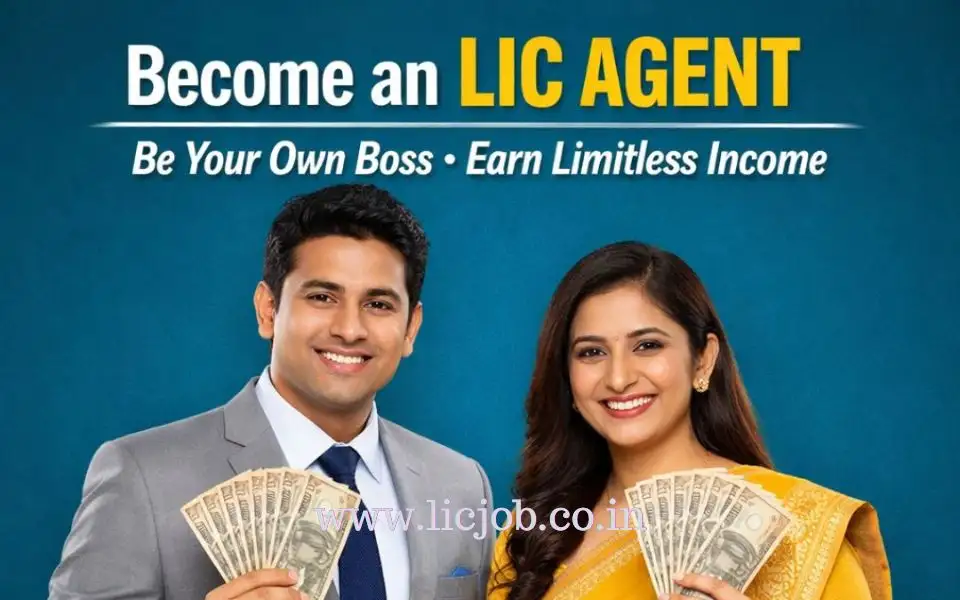 Indian male and female promoting LIC agent career opportunity with unlimited income and flexible work in Coimbatore